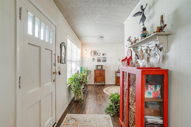 entrance foyer with dark wood finished floors, ornamental molding, a wealth of natural light, and a textured ceiling