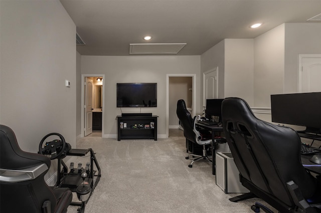 office space with recessed lighting, baseboards, and light carpet