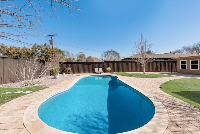 view of pool featuring a fenced in pool, a patio, and a fenced backyard