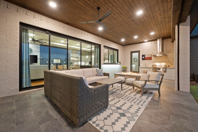 living area with wood ceiling, a ceiling fan, and recessed lighting