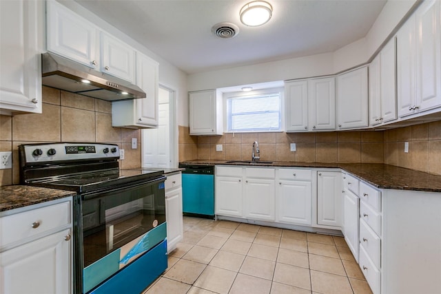 kitchen with visible vents, electric range, a sink, under cabinet range hood, and dishwasher