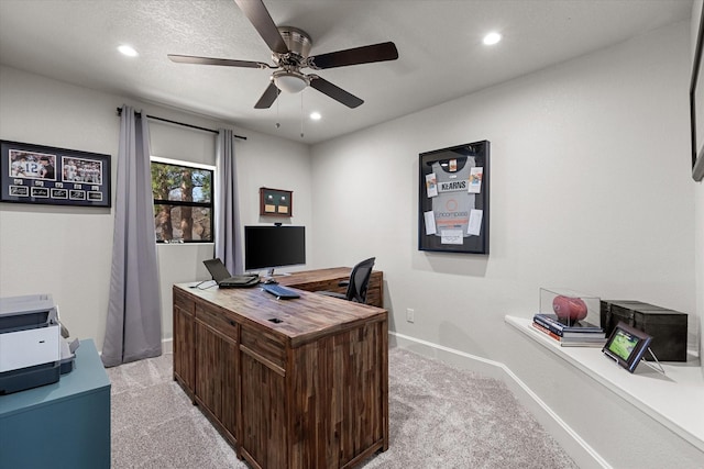 office area featuring recessed lighting, baseboards, light carpet, and ceiling fan