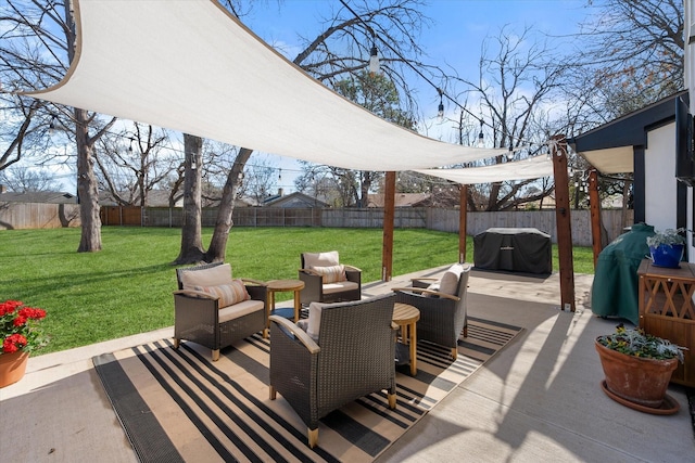 view of patio / terrace with a grill, outdoor lounge area, and a fenced backyard