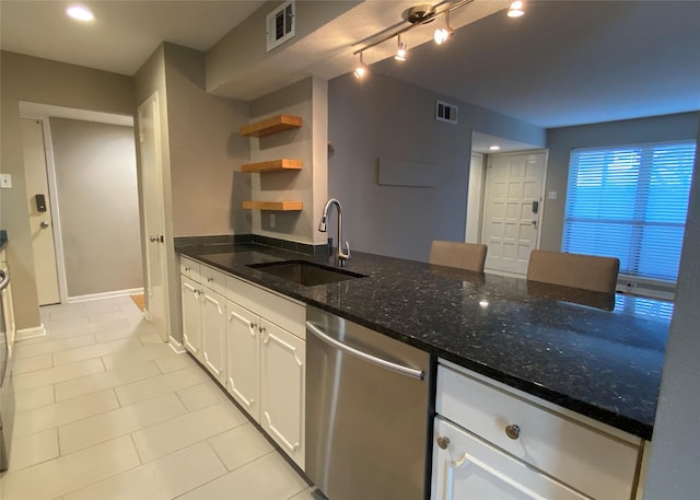 kitchen featuring visible vents, white cabinetry, open shelves, a sink, and dishwasher