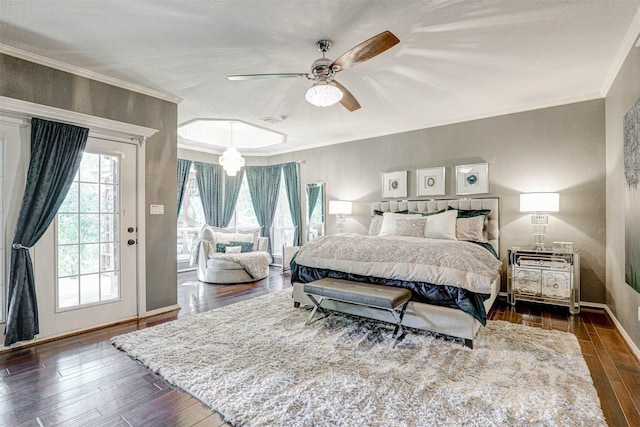 bedroom with visible vents, dark wood-type flooring, access to outside, crown molding, and baseboards