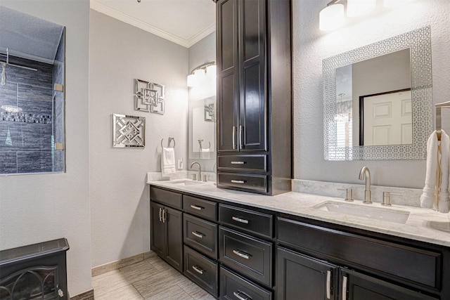 full bathroom featuring a sink, double vanity, and crown molding