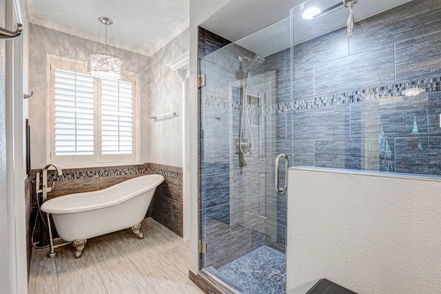 bathroom with a freestanding tub, tile walls, and a shower stall