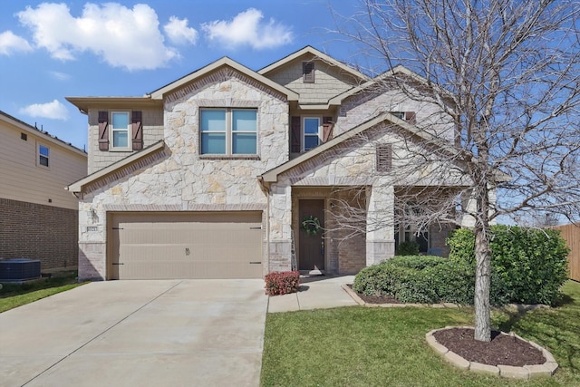 view of front of house featuring driveway, central AC, a front lawn, a garage, and stone siding