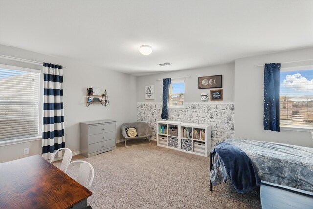 carpeted bedroom with a wainscoted wall and visible vents