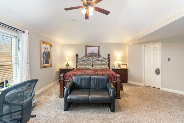 carpeted bedroom featuring visible vents, a tray ceiling, crown molding, baseboards, and ceiling fan