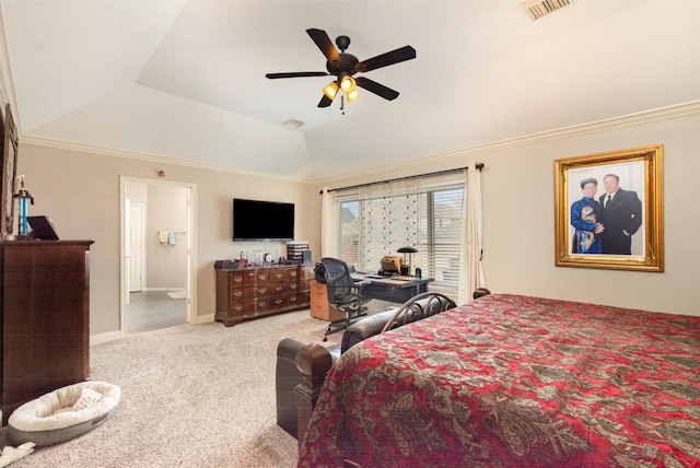 bedroom featuring visible vents, a raised ceiling, lofted ceiling, baseboards, and light colored carpet