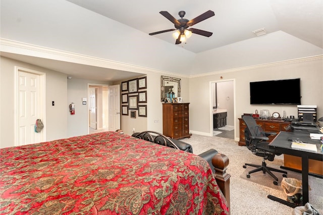 bedroom featuring carpet, visible vents, baseboards, vaulted ceiling, and ensuite bathroom