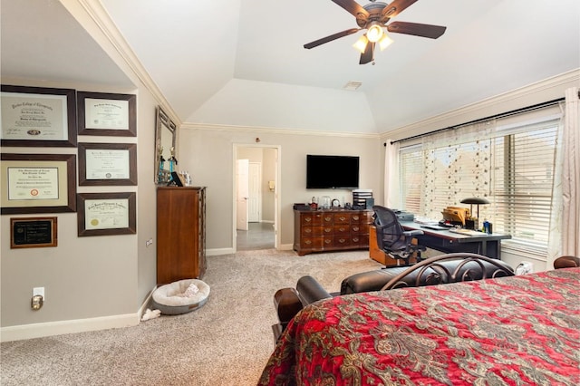 bedroom featuring visible vents, baseboards, carpet, vaulted ceiling, and a ceiling fan