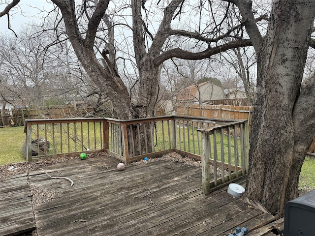 wooden terrace with a yard and a fenced backyard