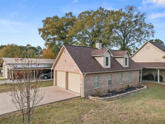 view of front of house with brick siding, a shingled roof, a front lawn, concrete driveway, and an attached garage