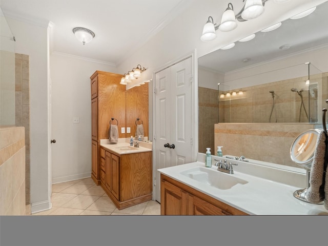 full bath with a walk in shower, crown molding, and a sink