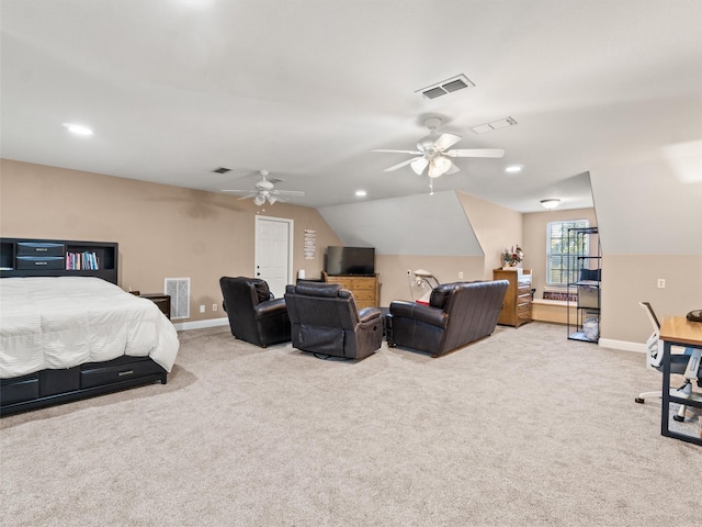 carpeted bedroom featuring recessed lighting, visible vents, baseboards, and vaulted ceiling