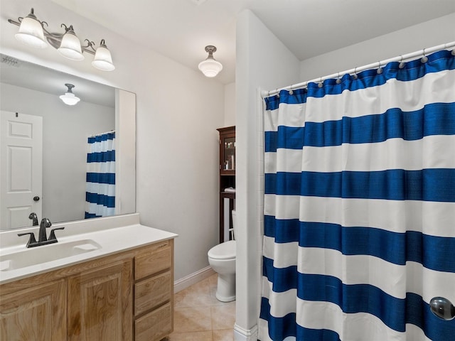 full bathroom with tile patterned flooring, toilet, vanity, and a shower with curtain