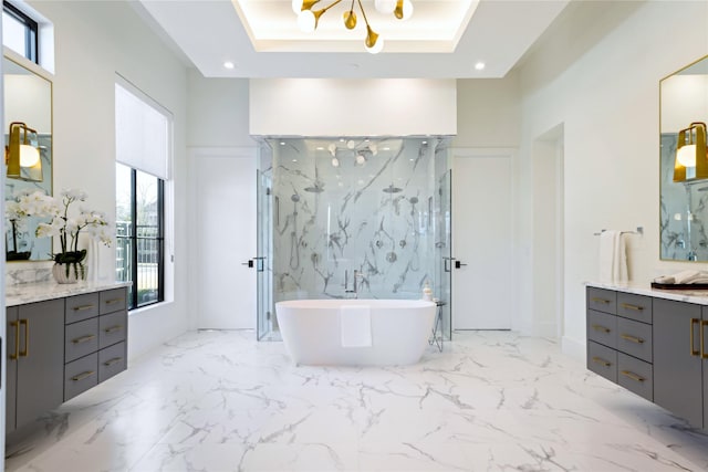 804 Kimball Ct, Allen, TX 75013 - full bath with a chandelier, a marble finish shower, vanity, marble finish flooring, and recessed lighting