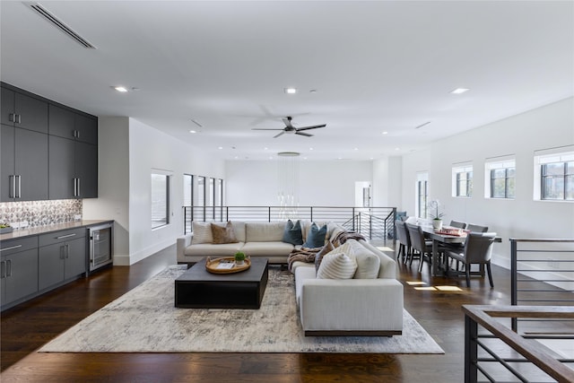 804 Kimball Ct, Allen, TX 75013 - living area featuring wine cooler, baseboards, recessed lighting, dark wood-type flooring, and ceiling fan