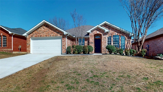 single story home with brick siding, driveway, a front lawn, and a garage