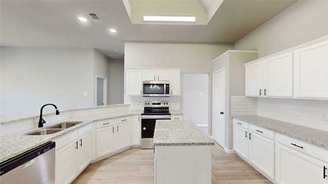 kitchen with a sink, backsplash, white cabinetry, appliances with stainless steel finishes, and light stone countertops