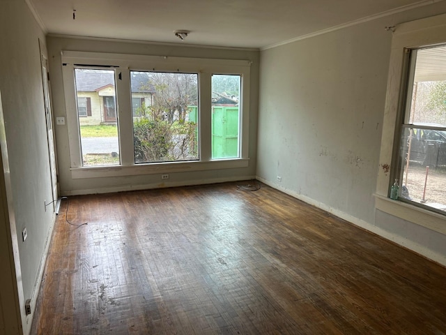 empty room with a wealth of natural light, ornamental molding, baseboards, and wood-type flooring