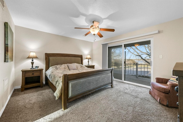 carpeted bedroom with access to exterior, a ceiling fan, and baseboards