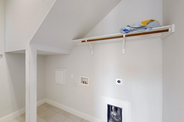 washroom featuring light tile patterned floors, hookup for a washing machine, hookup for an electric dryer, and baseboards