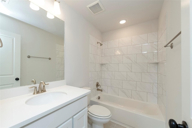 bathroom featuring visible vents, vanity, toilet, and washtub / shower combination