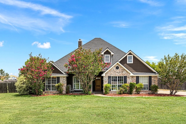 craftsman house with fence, a front yard, a shingled roof, brick siding, and a chimney