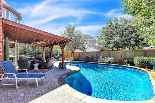 view of pool with an outdoor living space, a fenced in pool, a fenced backyard, a ceiling fan, and a patio