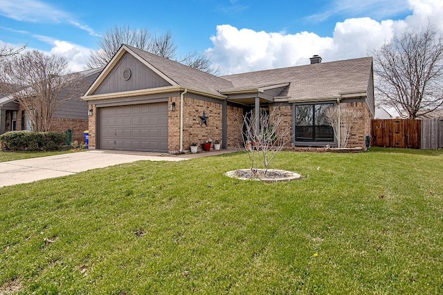 single story home with driveway, fence, a front yard, an attached garage, and brick siding