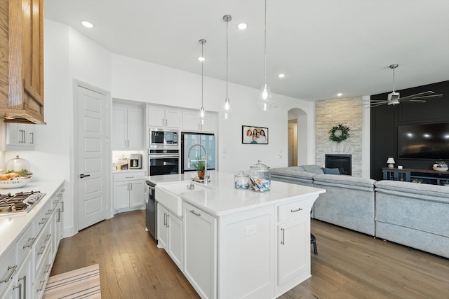 kitchen with light wood finished floors, open floor plan, light countertops, stainless steel appliances, and a sink