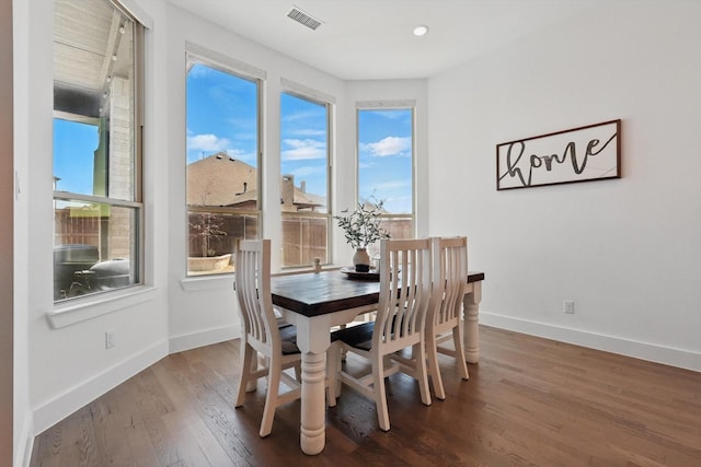 dining area featuring recessed lighting, visible vents, baseboards, and wood finished floors