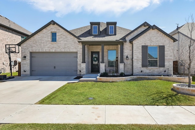 view of front facade with a garage, brick siding, concrete driveway, and a front yard