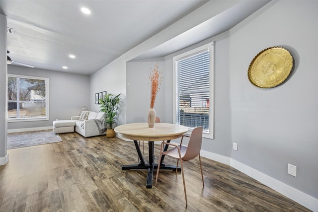 dining area with recessed lighting, baseboards, wood finished floors, and a ceiling fan