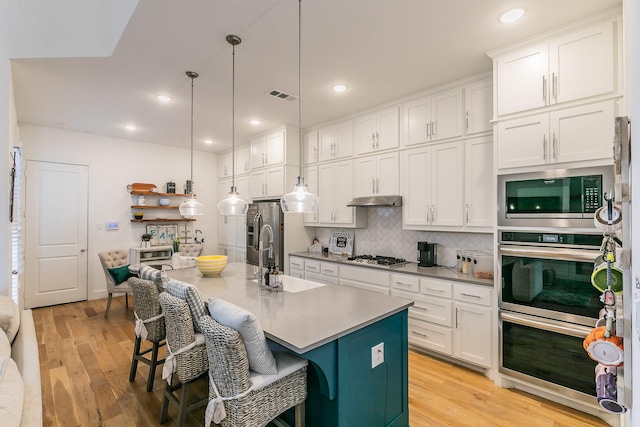 kitchen featuring visible vents, a sink, under cabinet range hood, tasteful backsplash, and stainless steel appliances