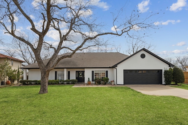 ranch-style house featuring a garage, stucco siding, concrete driveway, and a front lawn