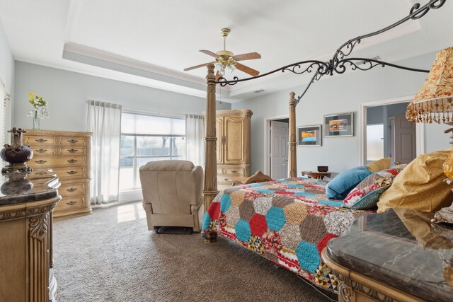 carpeted bedroom with a raised ceiling and a ceiling fan