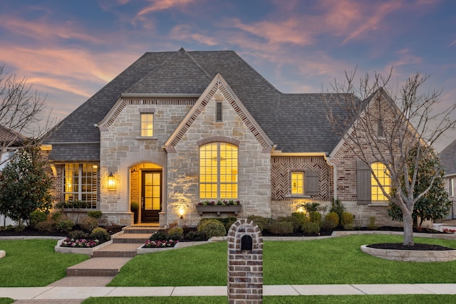 french country inspired facade with a yard, brick siding, and a shingled roof