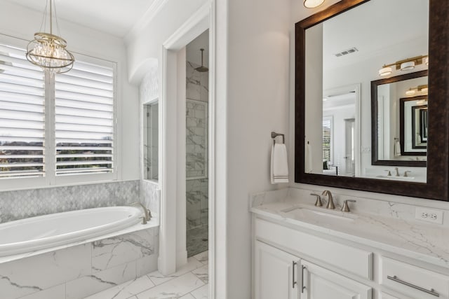 bathroom with visible vents, marble finish floor, a bath, and a walk in shower