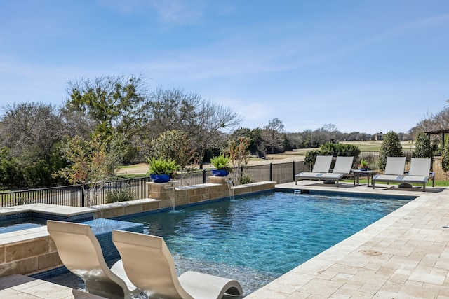 view of swimming pool featuring a patio, a fenced backyard, and a fenced in pool