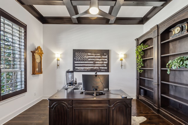 office featuring beam ceiling, ornamental molding, coffered ceiling, dark wood finished floors, and baseboards