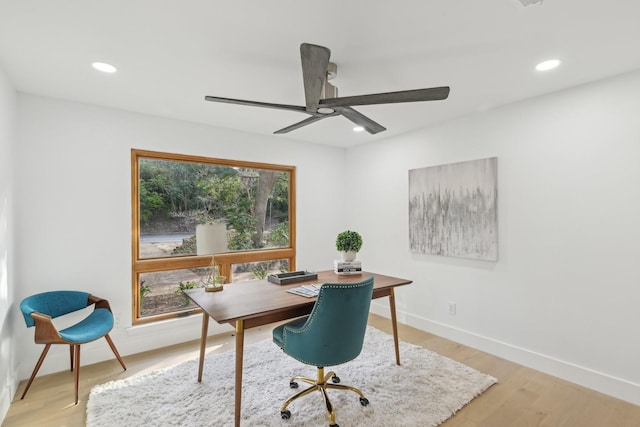 office space with recessed lighting, light wood-style flooring, baseboards, and ceiling fan