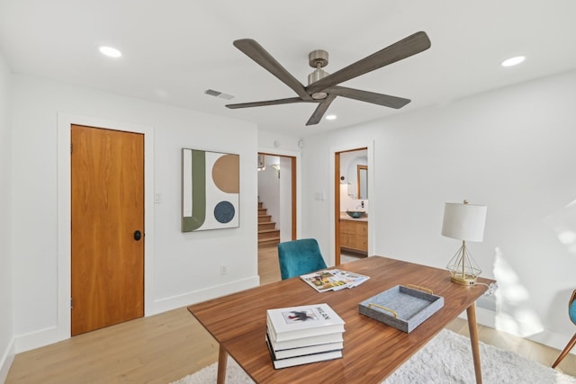 office area with a ceiling fan, recessed lighting, and visible vents