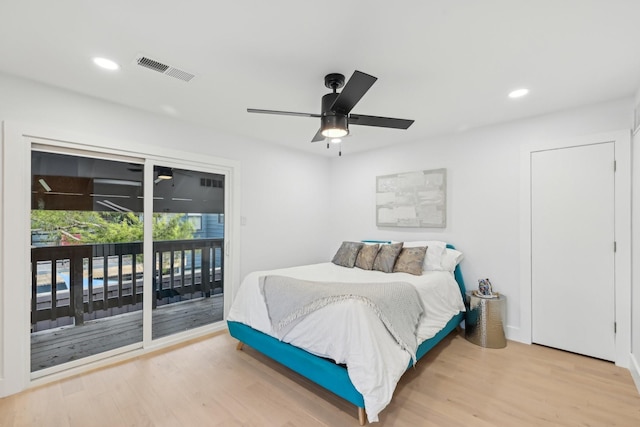 bedroom featuring visible vents, access to outside, wood finished floors, recessed lighting, and ceiling fan