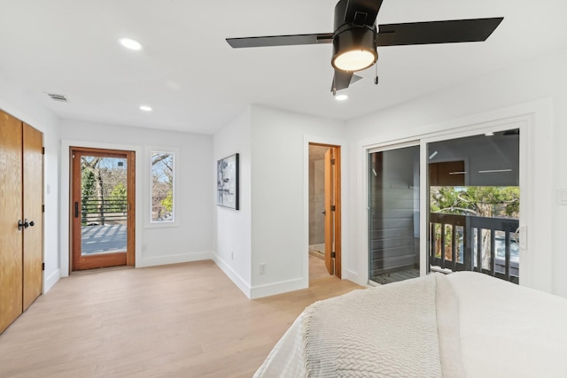 bedroom with visible vents, baseboards, recessed lighting, light wood-style floors, and access to outside