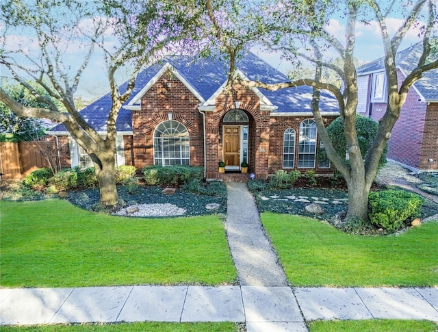 view of front of home featuring brick siding, roof with shingles, a front lawn, and fence