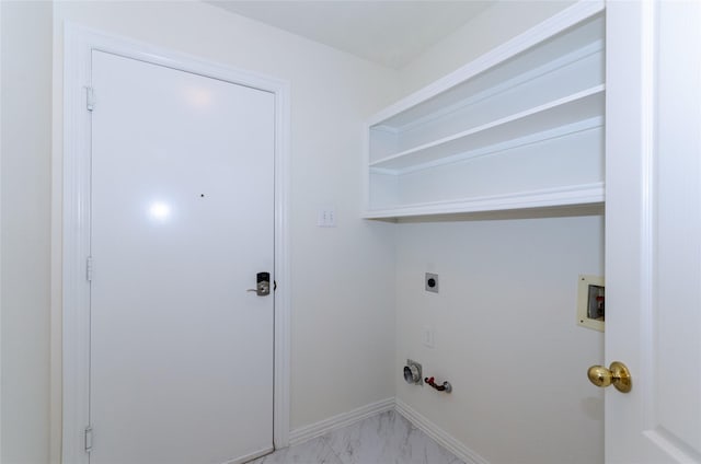 laundry room featuring hookup for an electric dryer, laundry area, washer hookup, marble finish floor, and hookup for a gas dryer